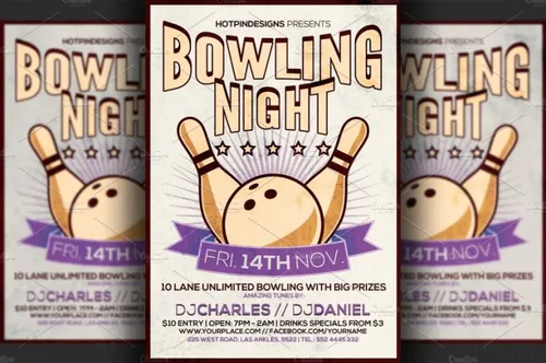 保龄球活动海报设计模板 Bowling Night Flyer Template