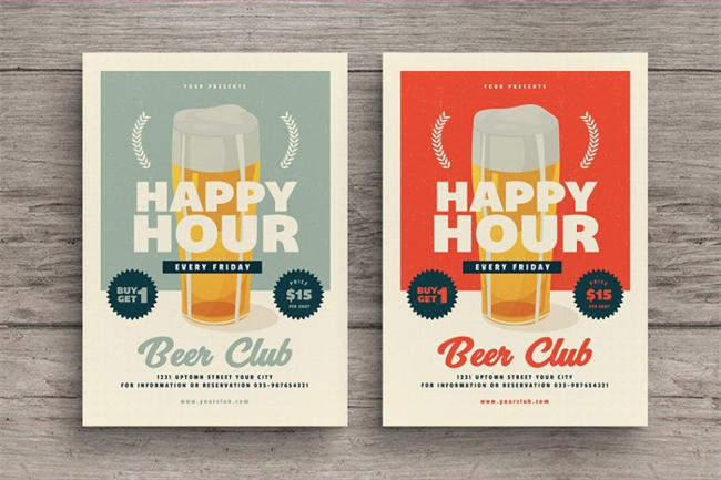 复古的欢乐时光啤酒传单 Retro Happy Hour Beer Flyer