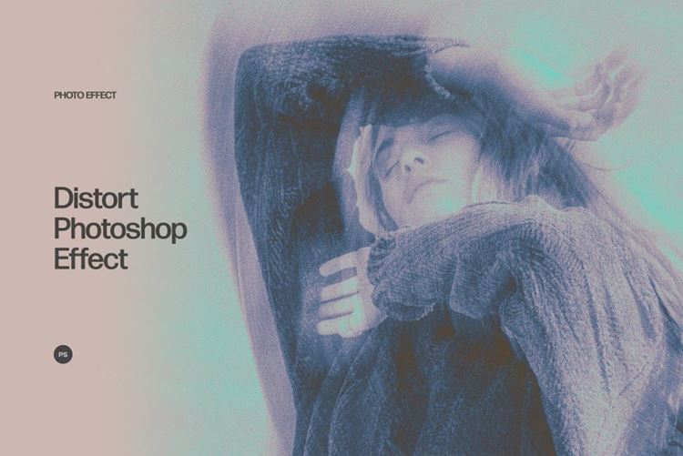 复古颗粒感幻影扭曲迷幻故障失真照片处理特效PSD模板素材 D