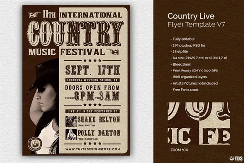 经典乡村音乐海报模板 Country Live Flyer PSD V7