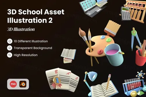 三维渲染调色盘显微镜算盘学校主题元素3D插画素材 3D Sc