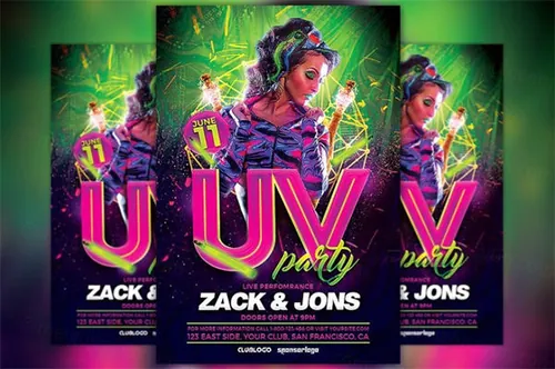 紫外线派对UV Party海报时尚模板 UV Party Flyer Template