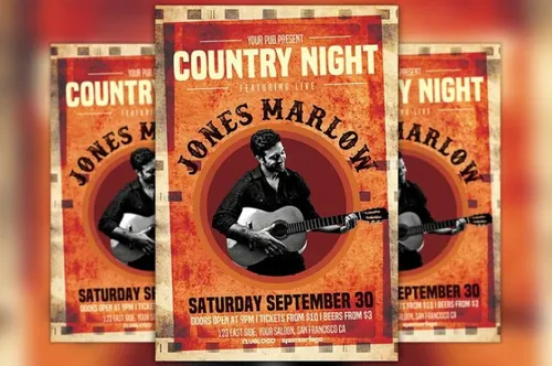 怀旧乡村风格音乐海报设计模板 Country Night Flyer Template