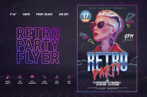 时尚高端复古80年代的派对DM海报宣传单设计模板 80s-retro-party-flyer