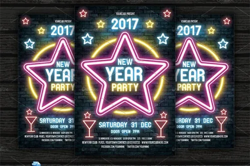 霓虹灯新年海报制作模板 Neon New Year Party Flyer