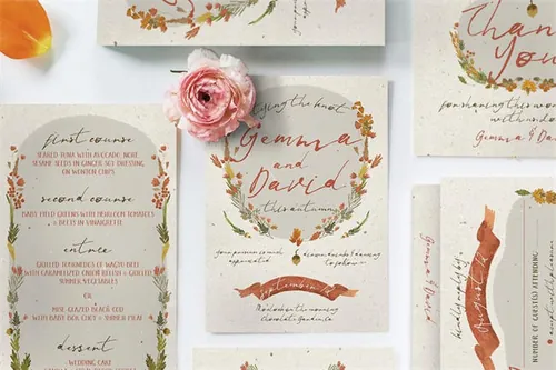 秋季主题手绘水彩花卉植物卡片模板设计素材 Autumn-Floral-Wedding-Suite