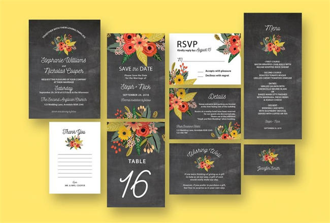 花饰黑板背景婚礼设计模板 Floral-Chalkboard-Wedding-Suite