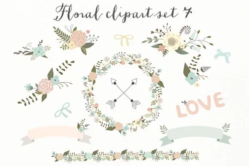 手绘花卉植物设计素材mint and peach floral clip art