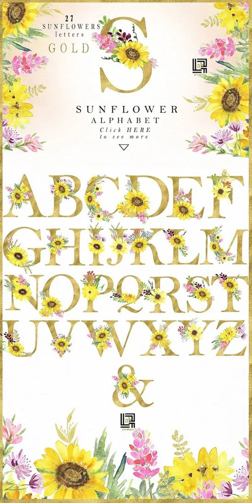 手绘水彩花卉向日葵设计素材 Sunflowers-and-p