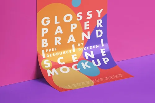 高品质墙角弯曲的纸张贴图展示样机PSD模板 Branding Glossy Psd Paper Mockup