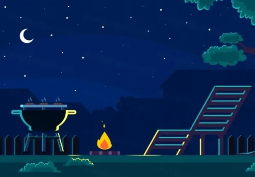夜间烧烤矢量插图Backyard_Barbecue_In_The_Night_Vector