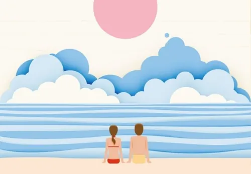 大海沙滩情侣度假纸艺术风格柔和色彩方案EPS矢量插图