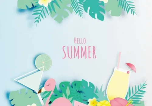 热带花卉火烈鸟鸡尾酒纸艺术风格淡粉色方案背景EPS矢量插图Tropical floral