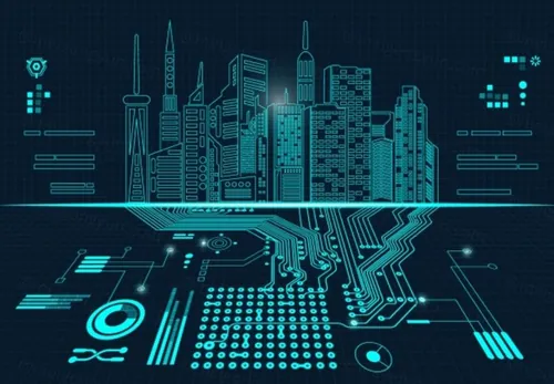 抽象技术背景数字建筑物矩阵式技术城市结合电子板