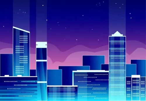 蓝色傍晚城市夜景矢量插图Vector illustration with view of a big city