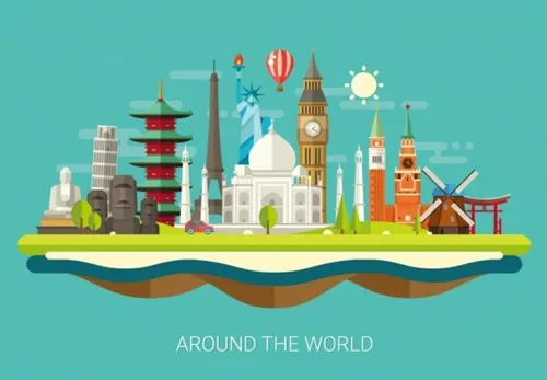 世界著名地标图标矢量平面设计明信片插图