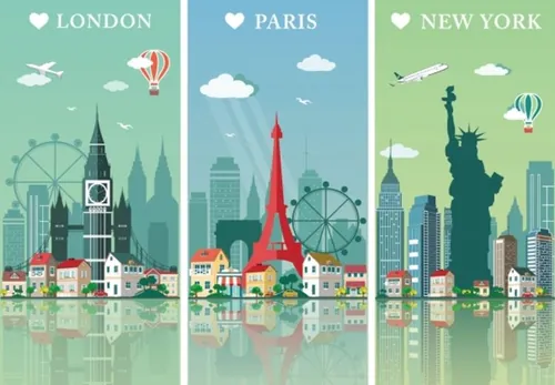 城市天际线伦敦巴黎纽约剪影地标风景矢量图
