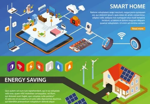 智能家居绿色能源发电设备物联网家居等距矢量插图