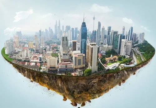 抽象创意漂浮在空中的现代城市