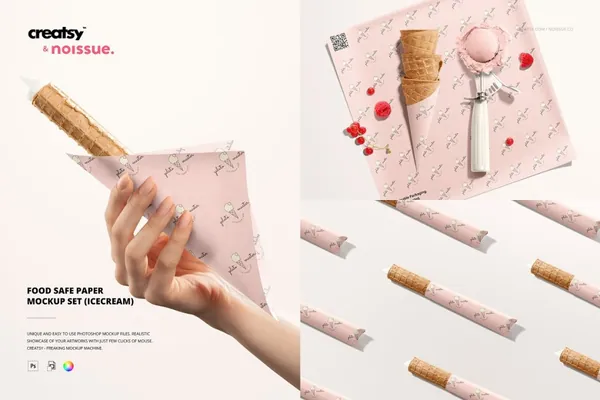 甜品店冰淇淋甜筒卫生包装纸品牌设计展示样机模板 Icecream Food Safe Paper Mockup