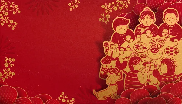 东方龙年传统除夕年夜饭团圆饭剪纸风新年EPS矢量海报招贴贺卡素材-1