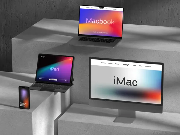 高质量CG建模工业冷淡风苹果全家桶场景展示UI贴图样机模板素材 Apple Devices Mockups-3