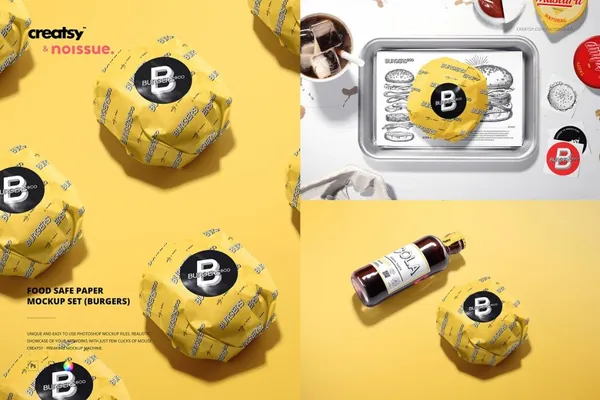 外卖快餐店汉堡包食品包装纸品牌设计展示样机模板 Burger Food Safe Paper Mockups