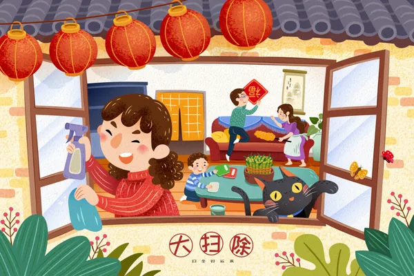 新年迎新春过年大扫除专题东方传统龙年中国春节EPS矢量插画海报素材-4