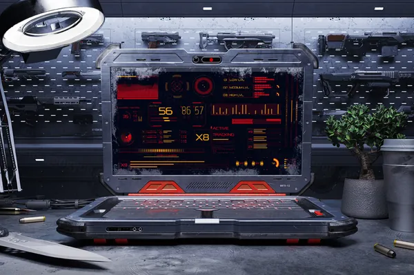 未来派赛博朋克末日科幻场景UI界面设计展示笔记本电脑样机模板 Cyber Laptop Mockups-5