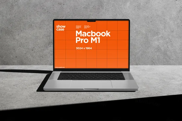 高质量苹果MacBook笔记本水泥地板场景App设计贴图UI展示样机模板素材-1