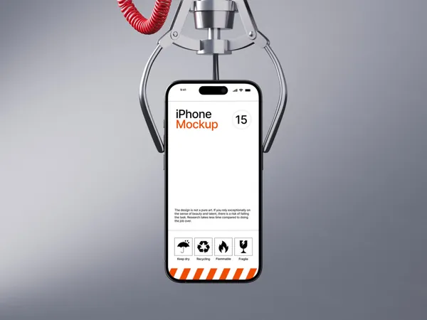 高质量极简工业风建筑公司品牌抓手吊起的苹果手机UI设计贴图展示样机模板