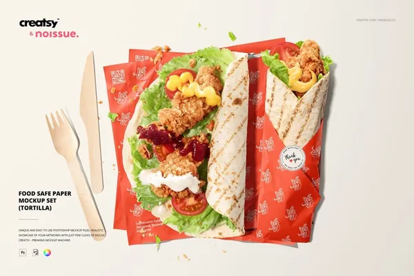 餐厅鸡肉卷食品安全卫生包装纸品牌设计展示样机模板 Tortilla Food Safe Paper Mockup