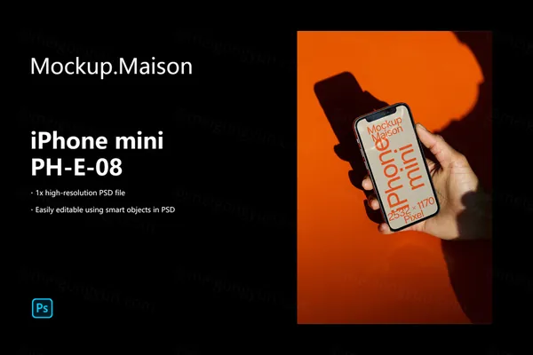 高级阴影手持苹果手机App设计UI贴图展示样机模板 iPhone mini PH-E-08