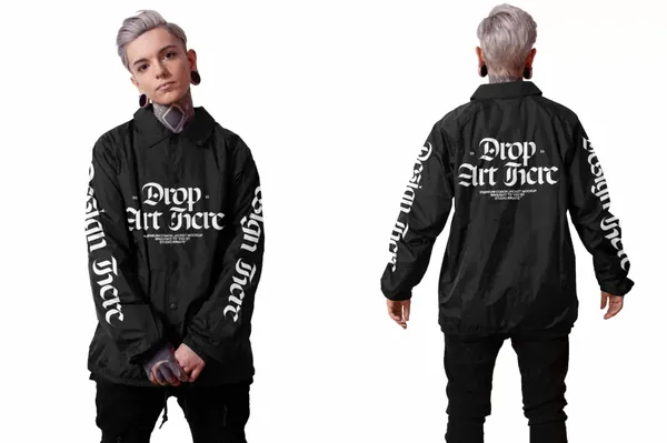 外套夹克欧美女模特展示服装设计提案样机模板 Modelled Coach Jacket Mockup