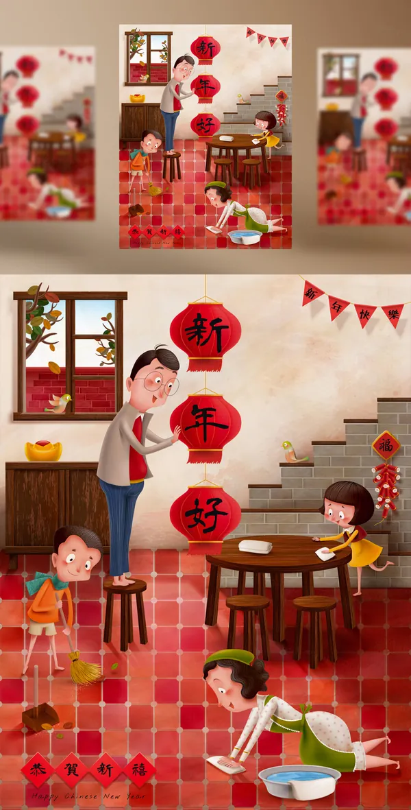 新年迎新春过年大扫除专题东方传统龙年中国春节EPS矢量插画海报素材-5