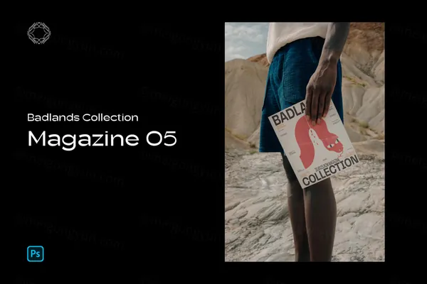 高端户外摄影无CG戈壁沙漠黑人模特手持杂志设计贴图展示样机模板 BL Magazine 05