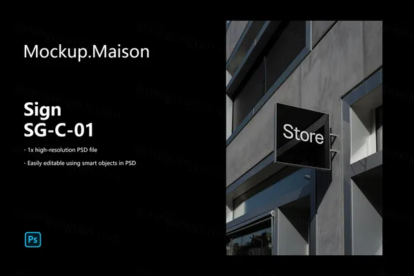 高质量街头高档商业区商店招牌设计贴图展示样机模板 Sign SG-C-01