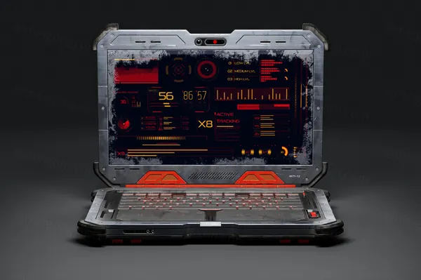 未来派赛博朋克末日科幻场景UI界面设计展示笔记本电脑样机模板 Cyber Laptop Mockups-2