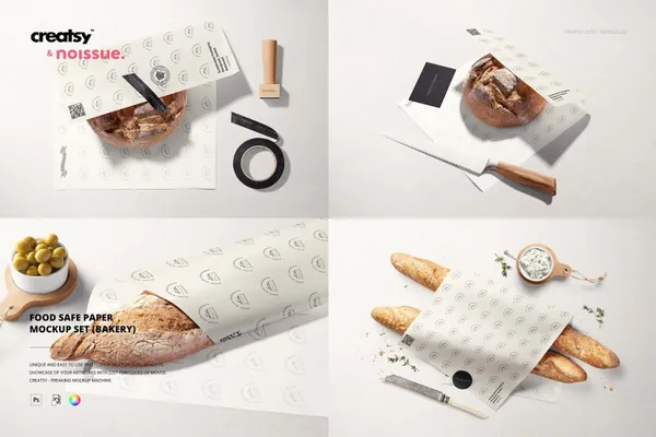 高质量面包房食品包装纸品牌设计展示样机模板 Noissue Food Safe Paper Mockup Set