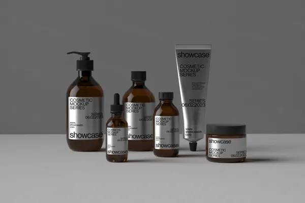极简主义小棕瓶美容化妆品品牌包装设计贴图展示样机模板 Cosmetic Packaging Mockup