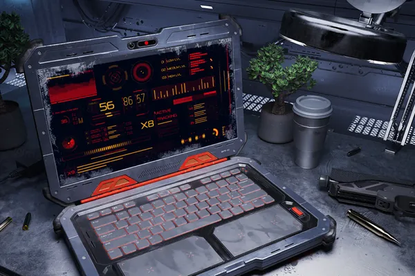 未来派赛博朋克末日科幻场景UI界面设计展示笔记本电脑样机模板 Cyber Laptop Mockups-4