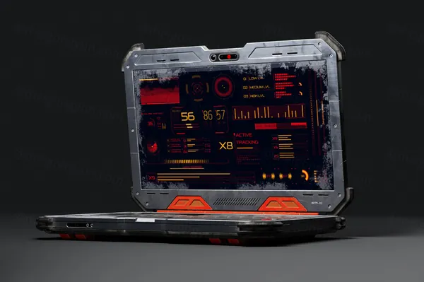 未来派赛博朋克末日科幻场景UI界面设计展示笔记本电脑样机模板 Cyber Laptop Mockups-1