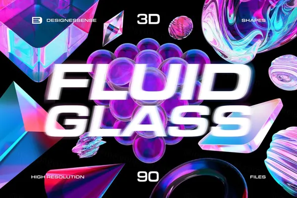 高质量全息渐变抽象艺术不规则液态玻璃形状素材合辑 Fluid Glass 3D Shapes