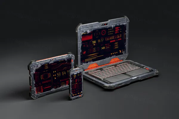 未来派赛博朋克末日科幻场景UI界面设计网页APP展示电脑手机样机模板-1