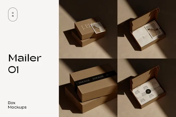 高端品牌精致纸盒快递包装包装纸明信片设计贴图展示样机模板 MAILER 01 Box Mockups