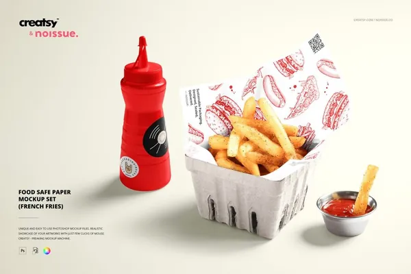 薯条快餐外卖食品包装纸品牌设计展示样机模板 French Fries Food Safe Paper Mockup
