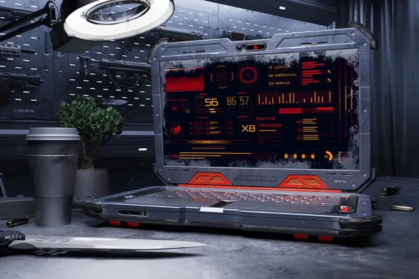 未来派赛博朋克末日科幻场景UI界面设计展示笔记本电脑样机模板 Cyber Laptop Mockups-6