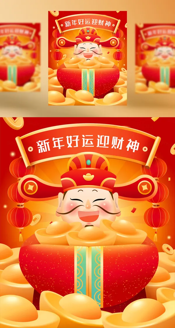 大年初五迎财神大吉大利财源滚滚新春龙年中国传统春节新年海报EPS矢量模板素材-12
