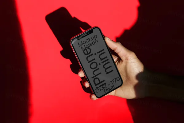 高级阴影手持苹果手机App设计UI贴图展示样机模板 iPhone mini PH-E-05