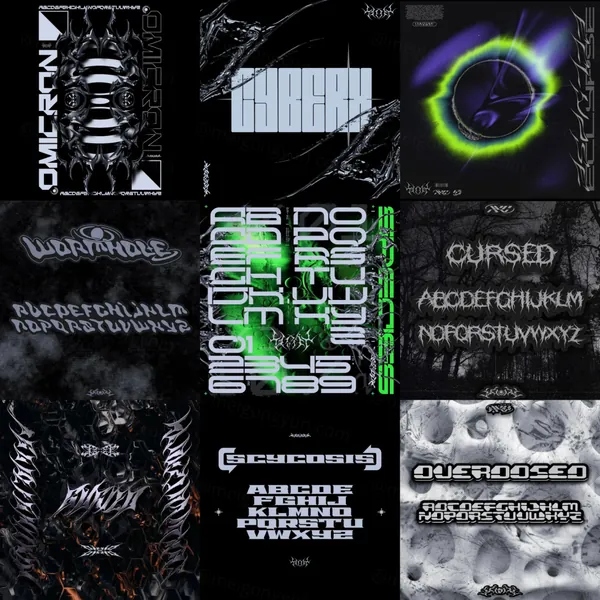 9款潮流酸性艺术异形英文装饰字体 3XPYRE - TYPE PACK